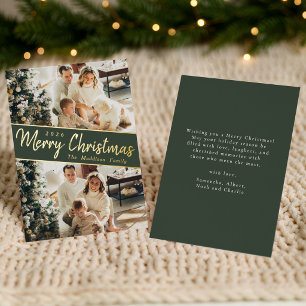 Tarjeta Festiva Con Relieve Metalizado Fotos familiares diagonales de Navidad verde