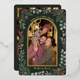 Tarjeta Festiva Con Relieve Metalizado Fotos familiares en marco botánico elegante de hoj