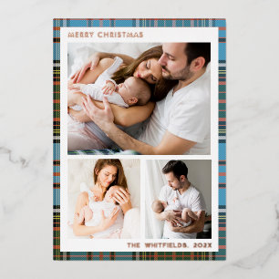 Tarjeta Festiva Con Relieve Metalizado Fotos familiares Navidades Vacaciones Tartán Rosa 