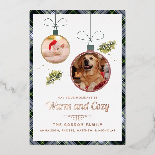 Tarjeta Festiva Con Relieve Metalizado Fotos mascotas Gordon Tartan Navidades Rosa Gold (Anverso)