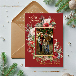 Tarjeta Festiva Con Relieve Metalizado Fotos navideñas de merry Floral acuarela