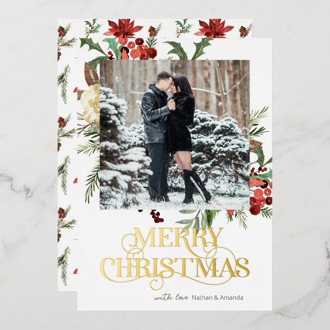 Tarjeta Festiva Con Relieve Metalizado Fotos navideñas de Merry Poinsettia (Anverso/Reverso)