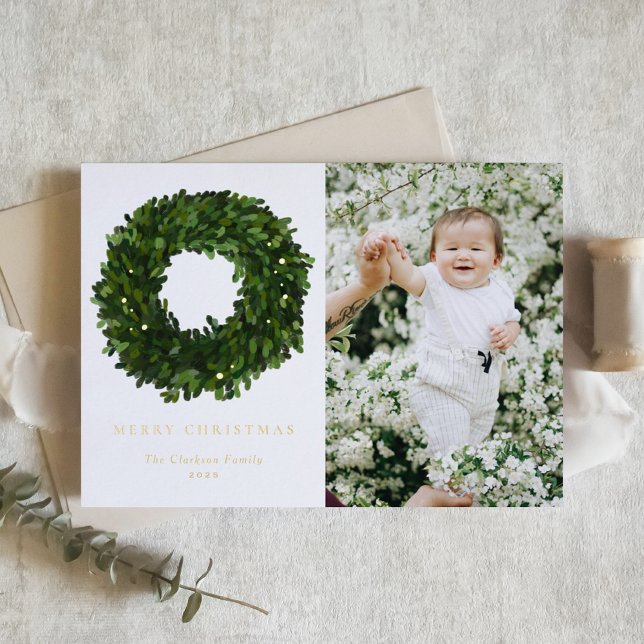 Tarjeta Festiva Con Relieve Metalizado Fotos navideñas de Wreath de Boxwood pintada a man (Subido por el creador)