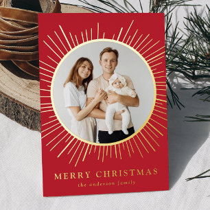 Tarjeta Festiva Con Relieve Metalizado Fotos navideñas del ferry Red and Gold Sunburst