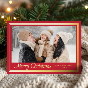 Tarjeta Festiva Con Relieve Metalizado Fotos navideñas del rojo del borde clásico