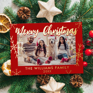 Tarjeta Festiva Con Relieve Metalizado Fotos navideñas merry Copos de nieve rojos