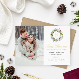 Tarjeta Festiva Con Relieve Metalizado Fotos navideñas merry Greenery Monograma