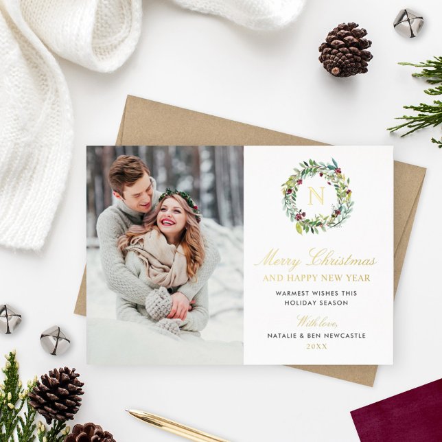 Tarjeta Festiva Con Relieve Metalizado Fotos navideñas merry Greenery Monograma (Subido por el creador)