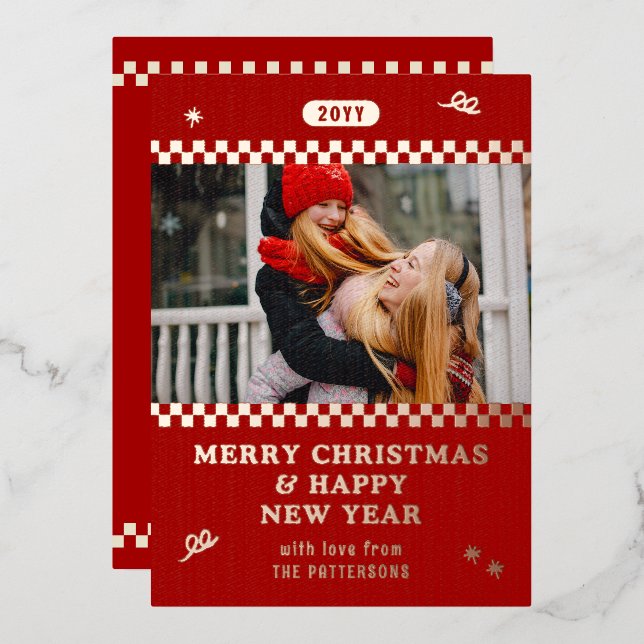 Tarjeta Festiva Con Relieve Metalizado Fotos rojas retro de navidad personalizada (Anverso/Reverso)