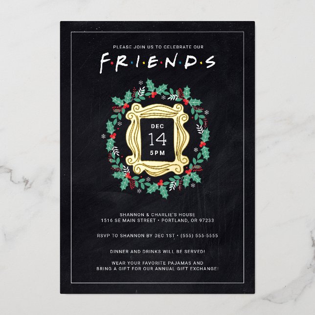 Tarjeta Festiva Con Relieve Metalizado FRIENDS™ Fiesta Navideña de Friendsmas (Anverso)