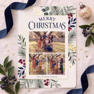 Tarjeta Festiva Con Relieve Metalizado Frontera Botánica Tres Foto Feliz Navidad