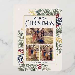 Tarjeta Festiva Con Relieve Metalizado Frontera Botánica Tres Foto Feliz Navidad