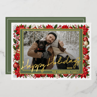 Tarjeta Festiva Con Relieve Metalizado Frontera floral de poinsettia roja para foto famil