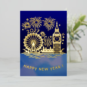 Tarjeta Festiva Con Relieve Metalizado Fuegos artificiales de año nuevo feliz dorado pers