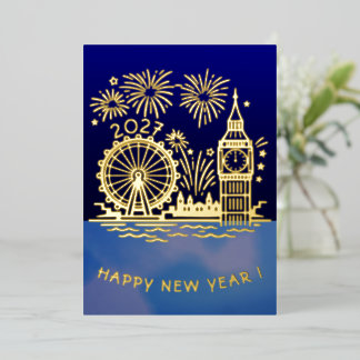 Tarjeta Festiva Con Relieve Metalizado Fuegos artificiales de año nuevo feliz dorado pers