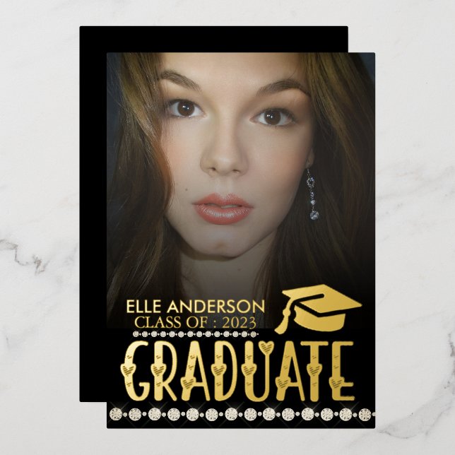 Tarjeta Festiva Con Relieve Metalizado Fuente de oro moderna | Foto Partido de Graduación (Anverso/Reverso)