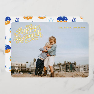 Tarjeta Festiva Con Relieve Metalizado Fun Hanukkah Stars y Jelly Donut con oro estampado