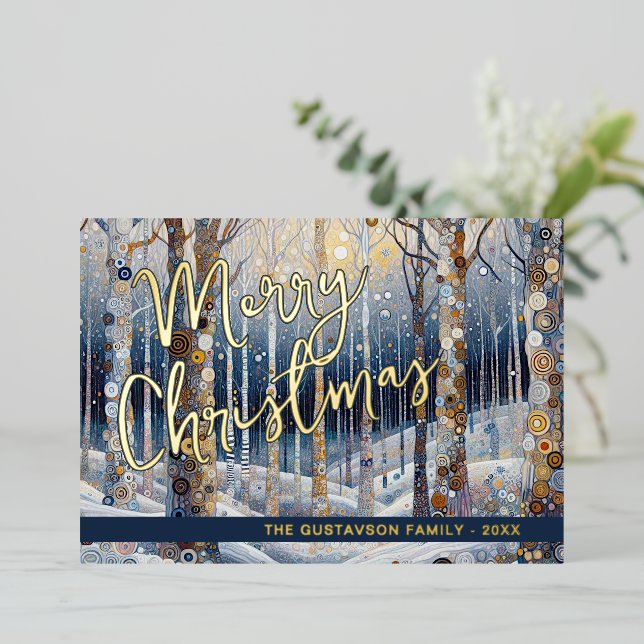 Tarjeta Festiva Con Relieve Metalizado Fun Retro Abstract Winter Snow Wonderland Art Gold (Anverso de pie)