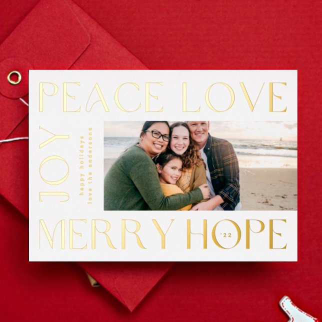 Tarjeta Festiva Con Relieve Metalizado Funky Gold Letters MERRY JOY PEACE LOVE foto (Subido por el creador)