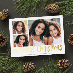 Tarjeta Festiva Con Relieve Metalizado Funky Moderno Merriest Navidades Script 3 Photo