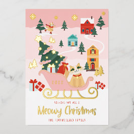 Tarjeta Festiva Con Relieve Metalizado Funny Meowy Cat Navidades Sleigh WinVillage