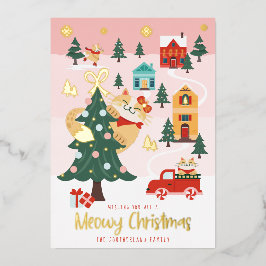 Tarjeta Festiva Con Relieve Metalizado Funny Meowy Peeking Cat Navidades Wind Village