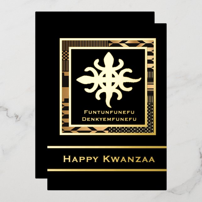 Tarjeta Festiva Con Relieve Metalizado Funtunfunefu Denkyemfunefu Happy Kwanzaa (Anverso/Reverso)