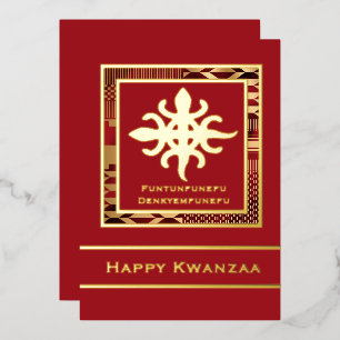 Tarjeta Festiva Con Relieve Metalizado Funtunfunefu Denkyemfunefu Happy Kwanzaa (Rojo)