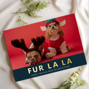 Tarjeta Festiva Con Relieve Metalizado Fur La La Blue Gold Mascotas Navidades modernos fo