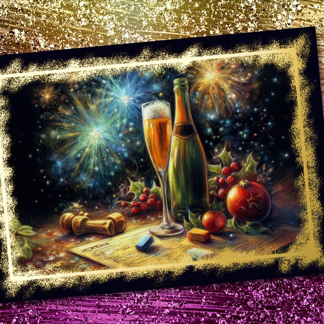 Tarjeta Festiva Con Relieve Metalizado Gafas de champán y fiesta de feriado con cubo (Subido por el creador)