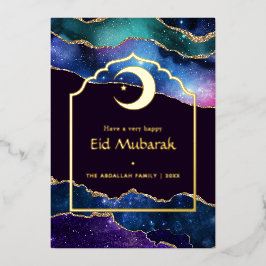 Tarjeta Festiva Con Relieve Metalizado Galaxia Eid Mubarak y Agato de Oro