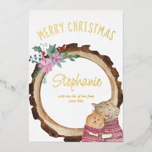 Tarjeta Festiva Con Relieve Metalizado Gatitos Navideños Lindos Marco de Madera Rústica D