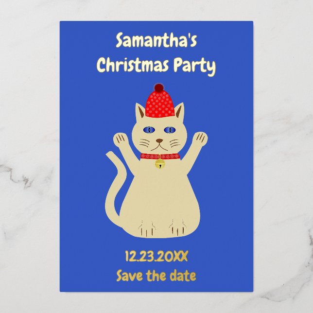 Tarjeta Festiva Con Relieve Metalizado Gato de Navidad Bonito Guardar Fecha Personalizado (Anverso)