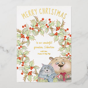Tarjeta Festiva Con Relieve Metalizado Gato y perro de Navidad lindos con corona de acebo