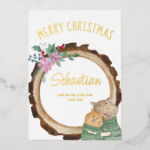 Tarjeta Festiva Con Relieve Metalizado Gatos Navideños Adorables Marco de Madera Rústica