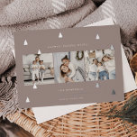Tarjeta Festiva Con Relieve Metalizado Gilded Forest | Elegant Christmas Photo Collage<br><div class="desc">A modern and elegant Christmas holiday card design featuring three square photos aligned side by side on a neutral taupe background dotted with silver foil pine trees. Personalize with your custom holiday greeting,  family name and the year.</div>