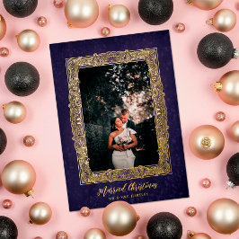 Tarjeta Festiva Con Relieve Metalizado  Gilded Frame Married Christmas Purple Photo