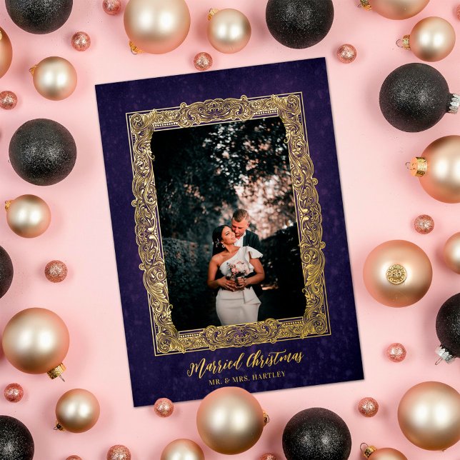 Tarjeta Festiva Con Relieve Metalizado  Gilded Frame Married Christmas Purple Photo (Subido por el creador)