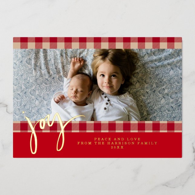 Tarjeta Festiva Con Relieve Metalizado Gingham Rustic Farmhouse Red Beige Christmas Photo (Anverso)