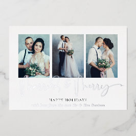 Tarjeta Festiva Con Relieve Metalizado Glam 3 Fotos Casados Feliz Navidad Real