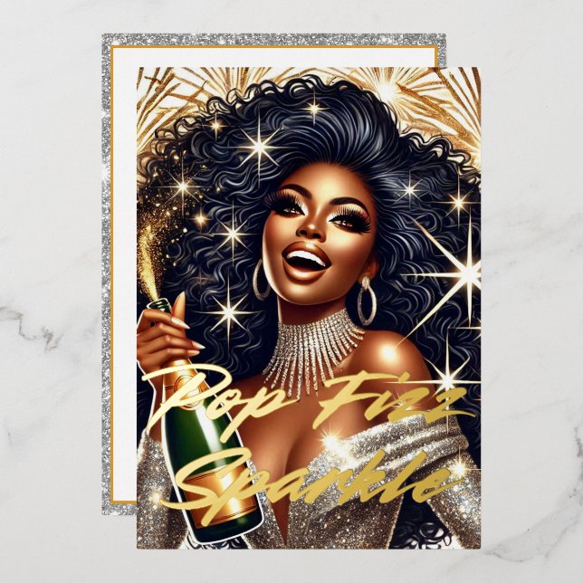 Tarjeta Festiva Con Relieve Metalizado Glamorosa negra traspasando champagne Año Nuevo (Anverso/Reverso)