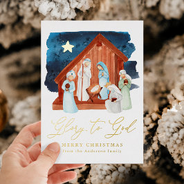 Tarjeta Festiva Con Relieve Metalizado Gloria a Dios en la escena de la Natividad