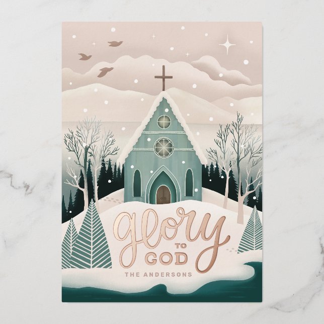 Tarjeta Festiva Con Relieve Metalizado Gloria a Dios | Iglesia de los Navidades religioso (Anverso)