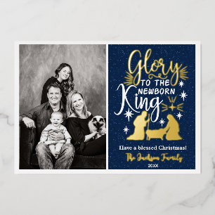 Tarjeta Festiva Con Relieve Metalizado Gloria a la foto de los Navidades del recién nacid