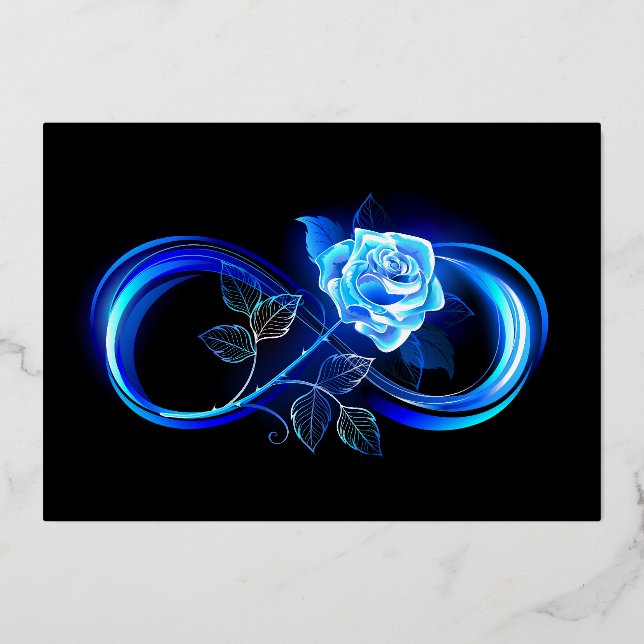 Tarjeta Festiva Con Relieve Metalizado Glowing infinity with blue rose (Anverso)