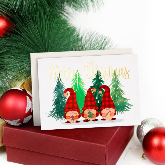 Tarjeta Festiva Con Relieve Metalizado Gnomes Rústicos Festividades Feliz Navidad Real Or (Rustic Gnomes Custom Merry Christmas Real Gold Foil Holiday Card
)