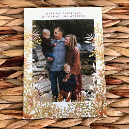 Tarjeta Festiva Con Relieve Metalizado Gold and Watercolor Christmas Berries Photo Frame