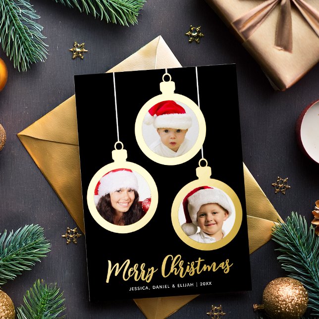 Tarjeta Festiva Con Relieve Metalizado Gold Baubles 3 Photos Collage Merry Christmas  (Subido por el creador)