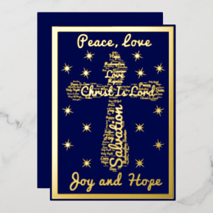 Tarjeta Festiva Con Relieve Metalizado Gold Blue Peace Love Joy Hope Cross Navidades