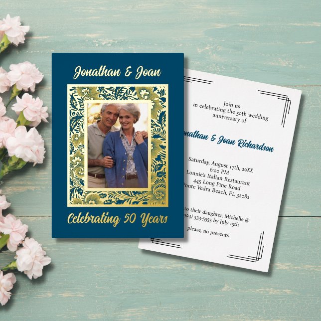 Tarjeta Festiva Con Relieve Metalizado Gold Foil Frame 50th Anniversary Invitation (Subido por el creador)